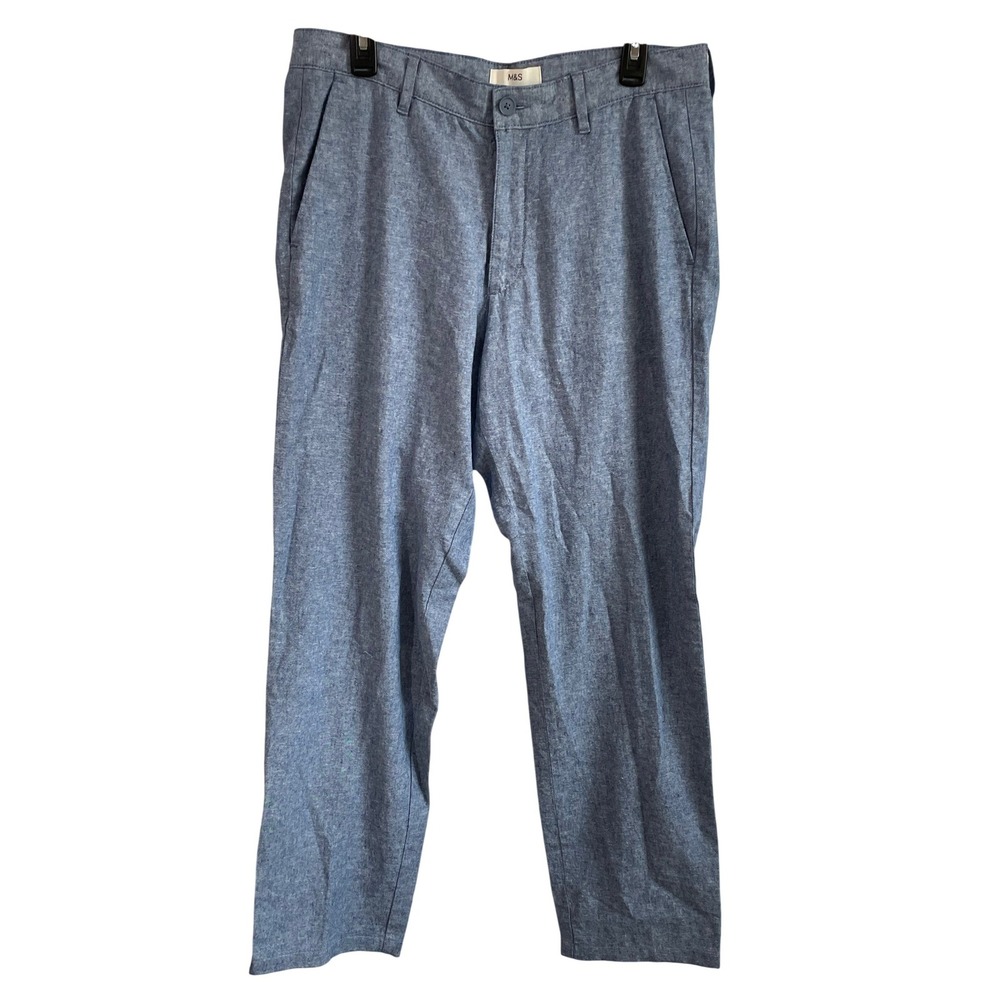 Marks & Spencer Mens Blue Linen Blend Chambray Trousers 34x33 Straight Leg Pants